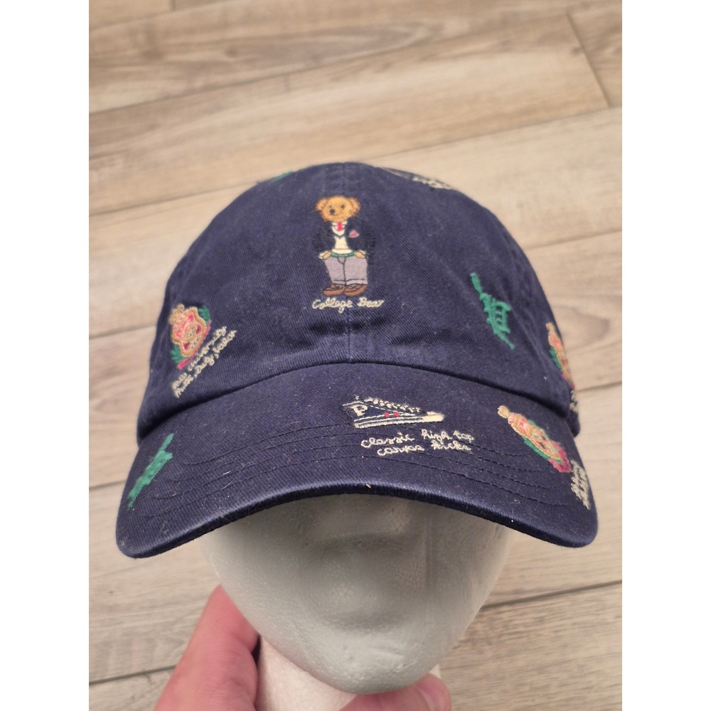Polo Ralph Lauren College Bear Crest All Over Embroidery Navy Blue Hat Mens OS - Picture 1 of 14